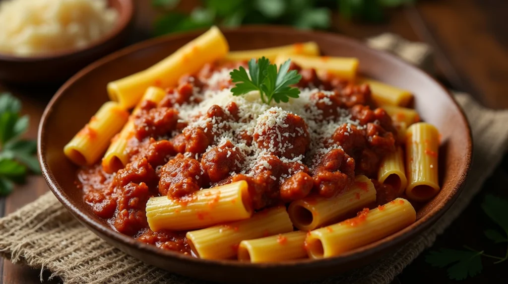 A bowl of authentic Rigatoni alla Grassa topped with grated Parmigiano and fresh herbs, served on a rustic table in warm, natural lighting.