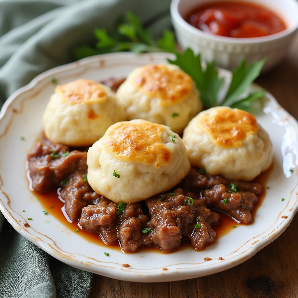 A hearty bowl of Chipped Beef & Dumplings with tender potatoes, served in a rustic dish, showcasing rich flavors and a comforting homemade feel.